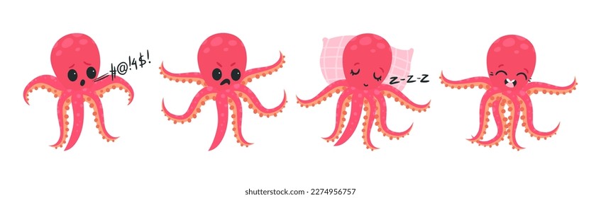 Pink Octopus with Tentacles Showing Different Emotions and Mood Vector Set