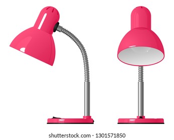 Pink office table lamp, front view and side view, isolated vector drawing on white background.