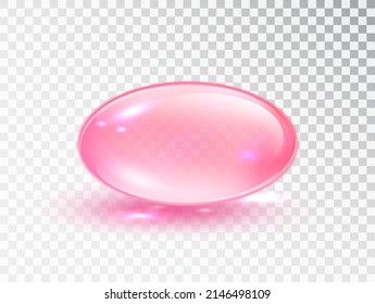 Pink Oil bubble isolated on transparent background. Transparent Pink capsule of drug, vitamin, macro vector illustration. Cosmetic pill capsule.