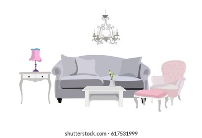 pink old fashioned romantic living room interior.