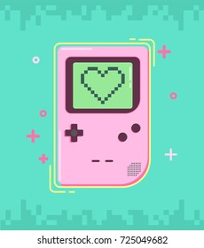 Pink old game gadget with pixel heart on screen. Vector illustration EPS 10