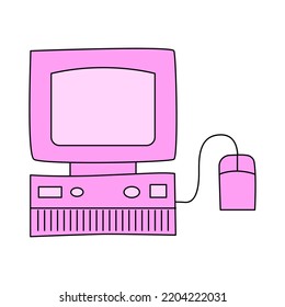 Pink old retro computer. Vector nostalgic illustration in y2k, 00s, 90s concept