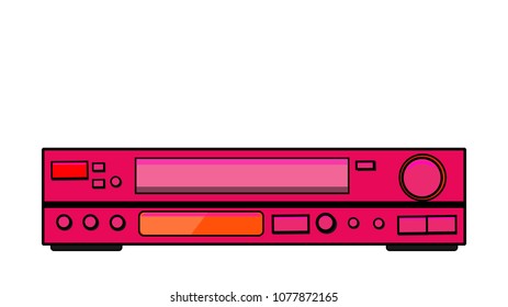 Pink old vintage retro hipster antique video recorder for videocassettes for watching movies, video with lots of buttons from the 80's, 90's in a flat style on a white background. Vector illustration.