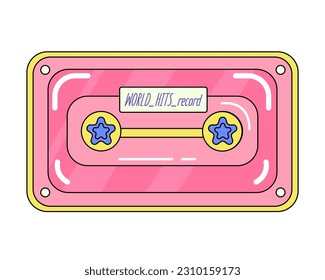 Pink old-fashioned audio cassette, decorative art for trendy Y2K aesthetic, retro drawing of retro audio equipment, vector design element, sticker.