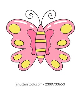 Pink  old-fashioned butterfly sticker, decorative art for trendy Y2K aesthetic, retro drawing, vector design element.