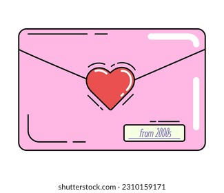 Pink old-fashioned love letter from 2000s, decorative art for trendy Y2K aesthetic, retro drawing, vector design element, sticker.