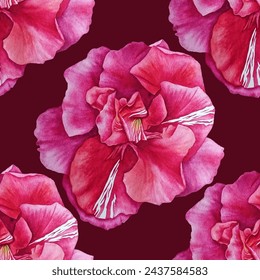 Pink oleander rosebay flower  vector illustration seamless pattern. Rosy red oleander flower isolated, tropical plant blossom. Terry oleander crimson blooming.