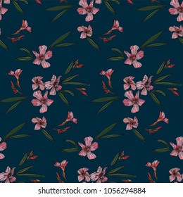 Pink oleander seamless pattern. Botanical illustration hand drawn. Vector floral design for fashion prints, scrapbook, wrapping paper.