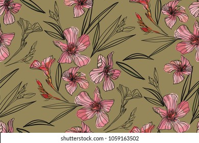 Pink oleander seamless pattern. Botanical illustration hand drawn. Vector floral design for fashion prints, scrapbook, wrapping paper.