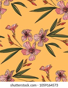 Pink oleander seamless pattern. Botanical illustration hand drawn. Vector floral design for fashion prints, scrapbook, wrapping paper.