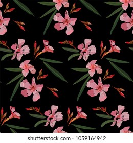 Pink oleander seamless pattern. Botanical illustration hand drawn. Vector floral design for fashion prints, scrapbook, wrapping paper.