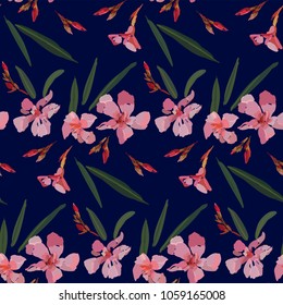Pink oleander seamless pattern. Botanical illustration hand drawn. Vector floral design for fashion prints, scrapbook, wrapping paper.