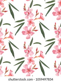 Pink oleander seamless pattern. Botanical illustration hand drawn. Vector floral design for fashion prints, scrapbook, wrapping paper.