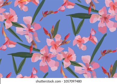 Pink oleander seamless pattern isolated on blue background. Botanical illustration hand drawn. Vector floral design for fashion prints, scrapbook, wrapping paper.