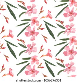 Pink oleander seamless pattern on white background. Botanical illustration hand drawn. Vector floral design for fashion prints, scrapbook, wrapping paper.