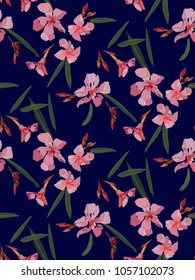 Pink oleander seamless pattern on navy blue background. Botanical illustration hand drawn. Vector floral design for fashion prints, scrapbook, wrapping paper.