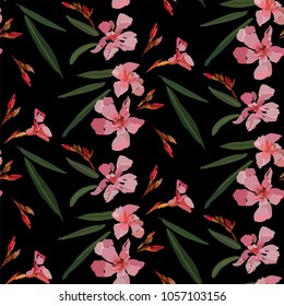 Pink oleander seamless pattern on white background. Botanical illustration hand drawn. Vector floral design for fashion prints, scrapbook, wrapping paper.