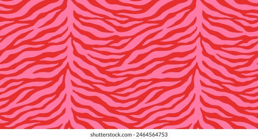 Pink on red tiger skin print seamless pattern. Animal skin tiger stripes flat style vivid red background. Large scale tiger skin hand drawn in hot pink and red bold safari background print.