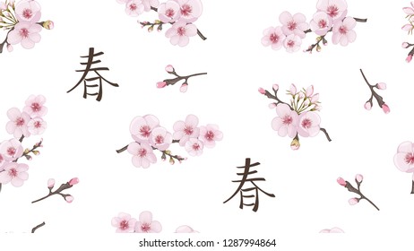Pink on white fond. Design element for fabric, invitations, packaging, cards. Spring pattern of sakura flowers. Handmade Seamless pattern in oriental style.