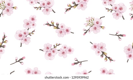 Pink on white fond. Design element for fabric, invitations, packaging, cards. Flying sakura flowers. Handmade Seamless pattern in oriental style.