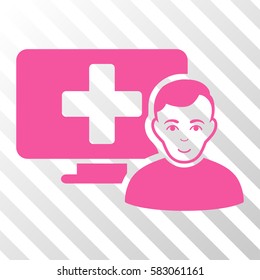 Pink Online Medicine toolbar icon. Vector pictograph style is a flat symbol on diagonally hatched transparent background.