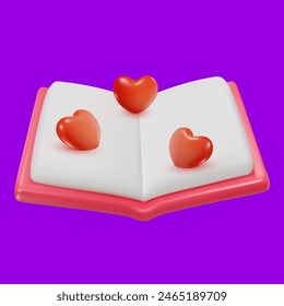 Pink open book with ribbon and hearts. Cute romantic diary in realistic 3d style. Bright vector illustration.