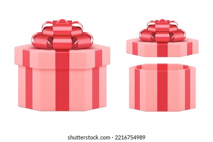 Pink open and closed festive polygon gift box with red bow ribbon anb bow 3d vector illustration. Realistic present container storage unpacking set isolated. Luxury surprise