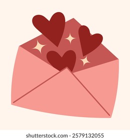 Pink open envelope with hearts inside. Mail, letter or stationery theme. Flat style vector illustration isolated on white background. Love, romantic relationship concept.