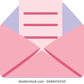 A pink open envelope with a visible love letter inside, ideal for Valentine's Day messages or romantic flat-style communication graphics.