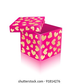 Pink Open Gift Box With Gold Hearts. Vector Illustration