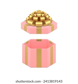 Pink open gift box hexagonal premium package with golden bow ribbon 3d icon realistic vector illustration. Elegant feminine luxury pack for girlish expensive surprise birthday holiday Woman's Day