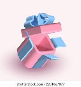 Pink open gift box icon, present box, birthday, new year, christmas gift, holiday event. Pink box with blue knot, vector dimensional illustration.