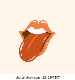 Pink open lips isolated element. Valentines day romantic half-open mouth with tongue funny vector illustration. Sexy woman shows her tongue, licking, protruding tongue. Pink open lips with teeth.