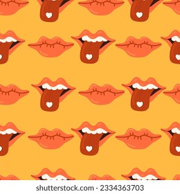 Pink open lips, teeth and tongue in mouth red hearts vector seamless pattern. Love kiss Valentines Day Romantic texture background
