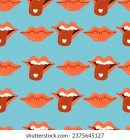 Pink open lips, teeth and tongue in mouth red hearts vector seamless pattern. Love kiss Valentines Day Romantic texture background