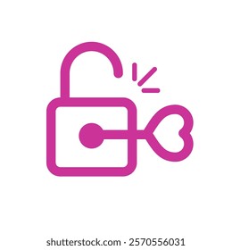 Pink open lock with a heart-shaped key, symbolizing love and unlocking hearts. Perfect for Valentine's Day and romantic designs. Vector illustration, isolated on white background