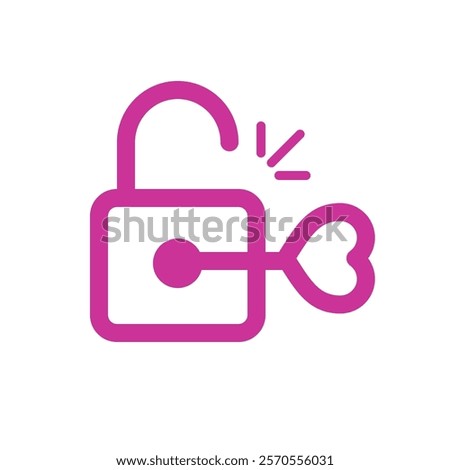 Pink open lock with a heart-shaped key, symbolizing love and unlocking hearts. Perfect for Valentine's Day and romantic designs. Vector illustration, isolated on white background