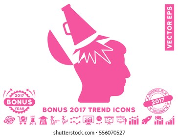 Pink Open Mind Megaphone pictograph with bonus 2017 year trend pictograms. Vector illustration style is flat iconic symbols, white background.