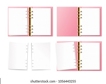 Pink open notebook, bullet journal, planner, diary with gold furniture top view. Paper with dot texture. Opened ring book with clear blank pages. Torn pages set.