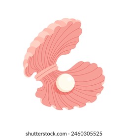 Pink open seashell with pearl. Treasure of sea and ocean isolated on white background. Summer beach accessory decorative element for jewelry brand, postcard. Vector flat illustration.