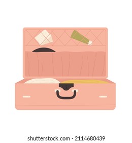 Pink open suitcase with clothes. Vintage travel case. Summer holiday concept.  Vector illustration in cartoon style. Isolated on white background.