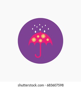 Pink open Umbrella with yellow flowers in purple circle with white rain drops. Flat icon isolated on white. Flat design. Vector illustration.Rain protection symbol. Weather sign.
