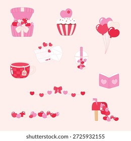Caja abierta rosada llena de corazón colorido, cupcake romántico de San Valentín con crema y corazón, dibuje a mano el globo rosado, rojo y blanco de San Valentín, taza roja romántica con la bolsa de té del corazón, carta abierta con xoxo, papel blanco y sobre, corazón colorido dentro del vidrio, dibuje a mano el corazón en la taza de té de Boba, libro abierto rosado romántico, bunting con el lazo rojo, grupo de frontera de decoración de San Valentín ilustración colorida