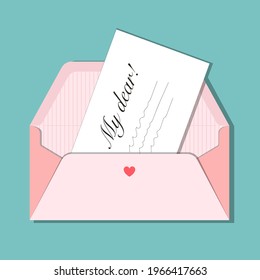 Pink opened envelope with message My dear... Love letter on Valentines day and not only. With shadow, isolated on blue background. Vector illustration, trendy style, romantic and cozy pastel colours