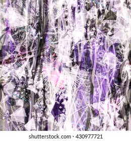 Pink, openwork. Grunge background. Spots, scratches, streaks, wavy strips, thin straight lines, triangular elements, stylized feathers. Abstract seamless vector pattern.