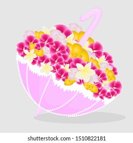 Pink, openwork umbrella inside with flowers. Vector art