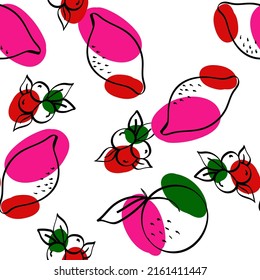 Pink and Orange Orange and Berry Vector White Seamless Pattern. Adorable Citrus and Blueberry Illustration. Bright Lemon Sketch Wallpaper.