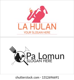 Pink orange black line art ribbon bugle woman fork serving combination mark logo design concept suitable for cafe musical performance business
