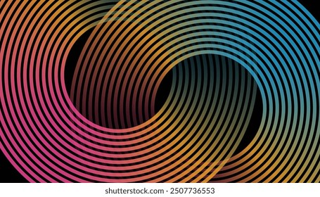 Pink orange blue abstract background on dark space with glowing lines effect decoration. Modern banner with stripes style. Graphic design element circles concept for web, flyer, card, or brochure