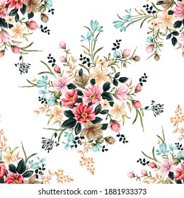 pink orange blue and cream vector flowers with green leaves bunches pattern of white